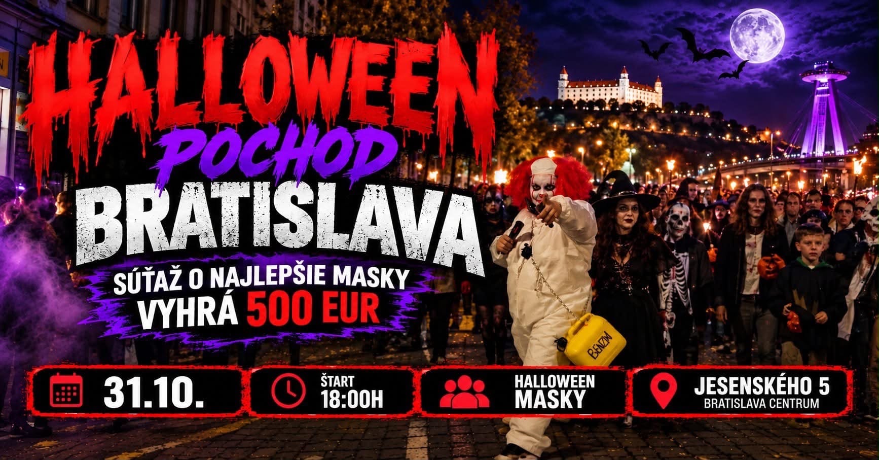Plagát Halloween pochod Bratislava – 31.10., štart o 18:00, Jesenského 5, súťaž o najlepšie masky o 500 EUR